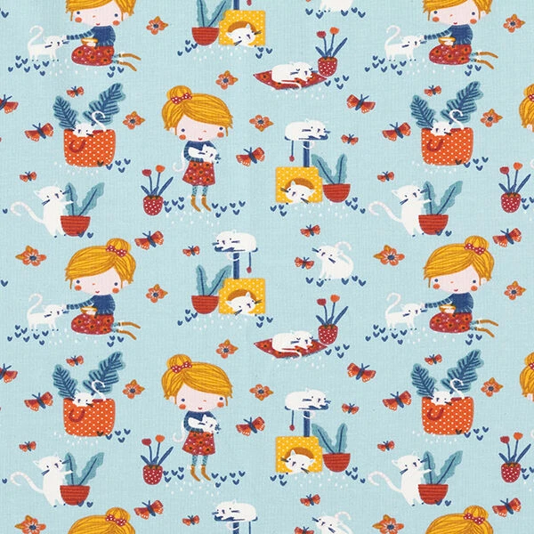 Cotton Jersey Cuddly Cats – Sky Blue 3 Cotton Jersey Cuddly Cats – Sky Blue