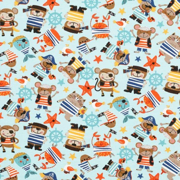 Cotton Jersey Pirate Animals– Aqua Blue 3 Cotton Jersey Pirate Animals– Aqua Blue