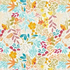 Coated Cotton Colourful Flowers – White/aqua Blue