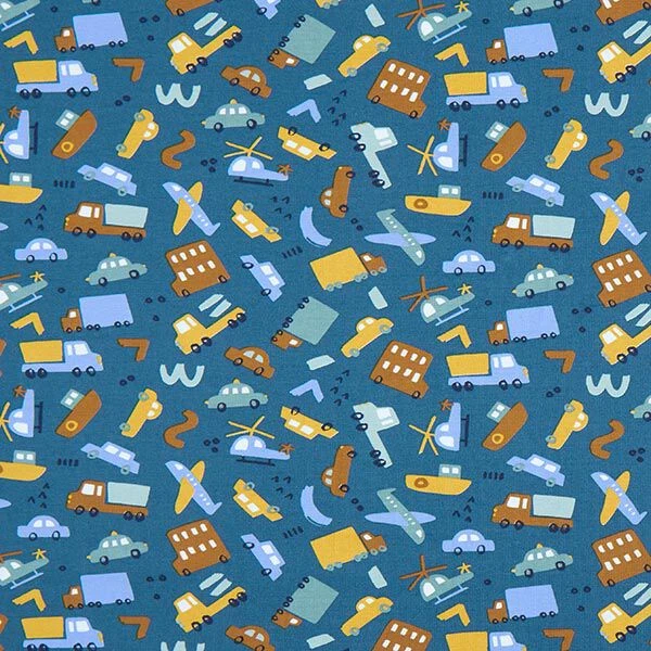 GOTS Cotton Jersey Vehicles – Denim Blue 3 GOTS Cotton Jersey Vehicles – Denim Blue