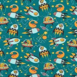 Cotton Jersey Dinosaurs In Space – Petrol