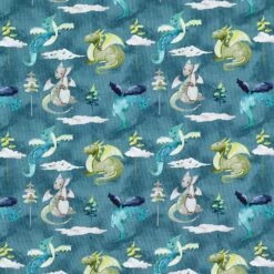 Cotton Jersey Watercolour Dragons Digital Print – Ocean Blue