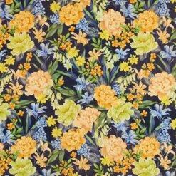 Light Cotton Fabric Graceful Flowers – Navy Blue