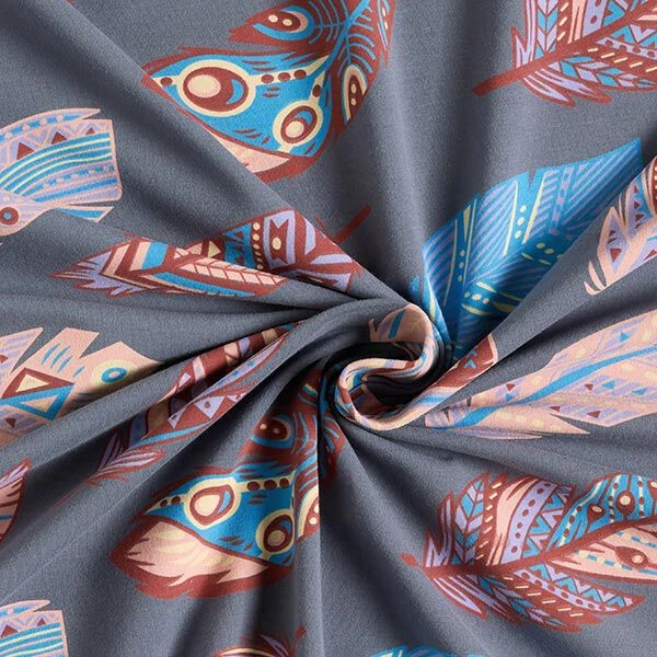 Cotton Jersey Colourful Feathers – Blue Grey 5 Cotton Jersey Colourful Feathers – Blue Grey - Image 3