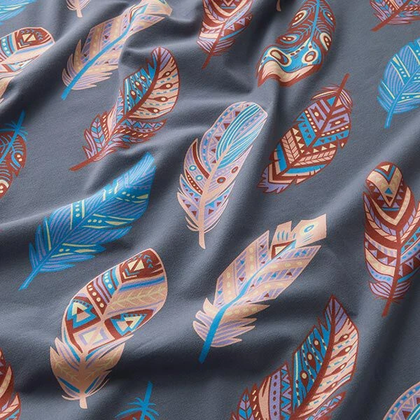 Cotton Jersey Colourful Feathers – Blue Grey 4 Cotton Jersey Colourful Feathers – Blue Grey - Image 2